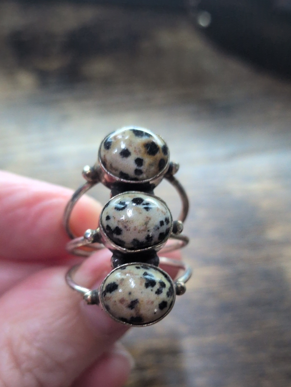 Dalmatian Jasper Triple Stone Silver Ring - Beige and Black
